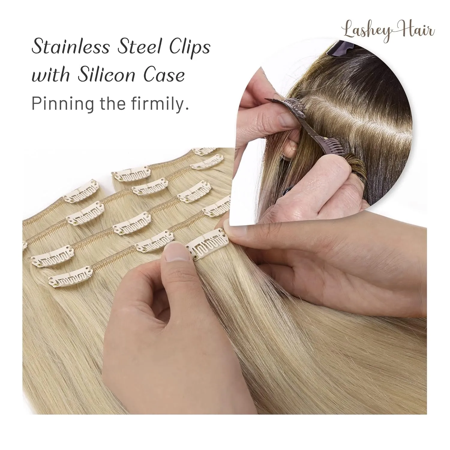 Clip in Hair Extensions Real Human Hair, 20 inch Ash Blonde to Golden Blonde and Platinum Blonde Lashey 120g 7pcs