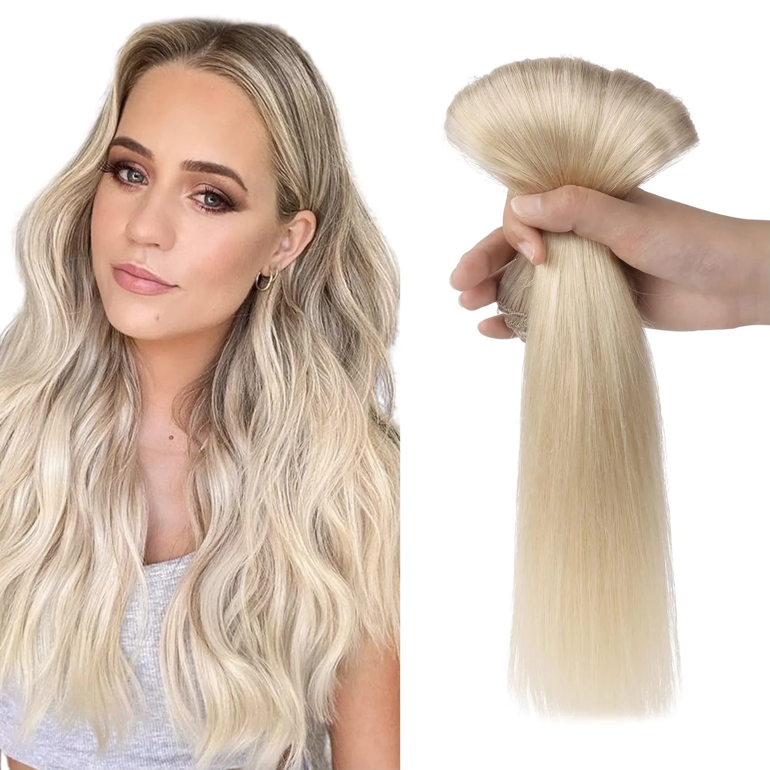 Clip in Hair Extensions Real Human Hair, 20 inch Ash Blonde to Golden Blonde and Platinum Blonde Lashey 120g 7pcs