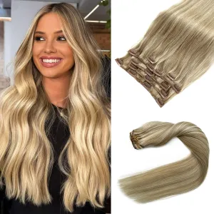 Clip in Hair Extensions Real Human Hair, Ash Blonde Balayage Blonde Highlights Hair Extension Real Human Hair Clip ins 16 Inch 7pcs 70G Double Weft Hair Extensions Human Hair Clip in Extensions