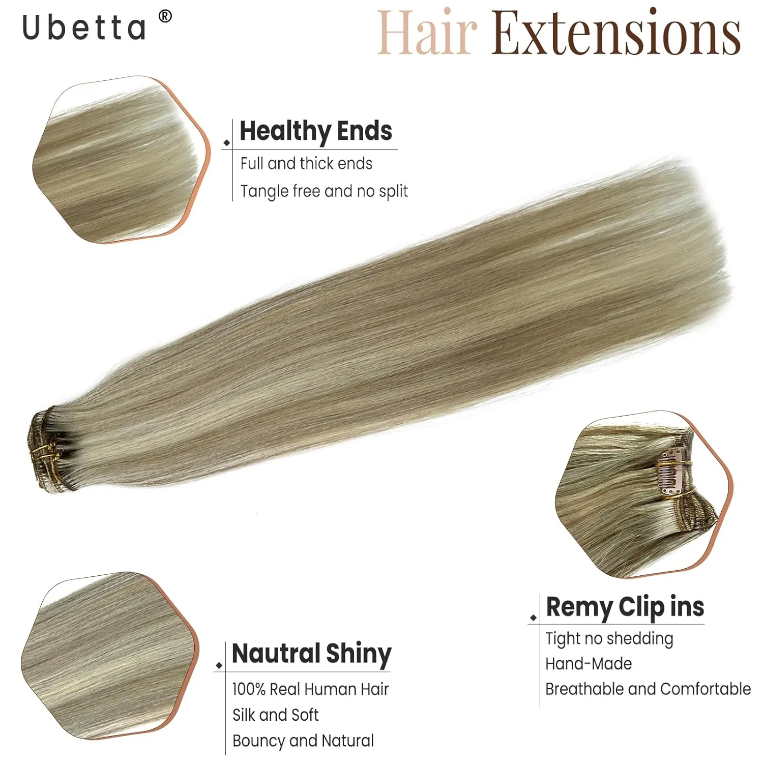 Clip in Hair Extensions Real Human Hair, Ash Blonde Balayage Blonde Highlights Hair Extension Real Human Hair Clip ins 16 Inch 7pcs 70G Double Weft Hair Extensions Human Hair Clip in Extensions