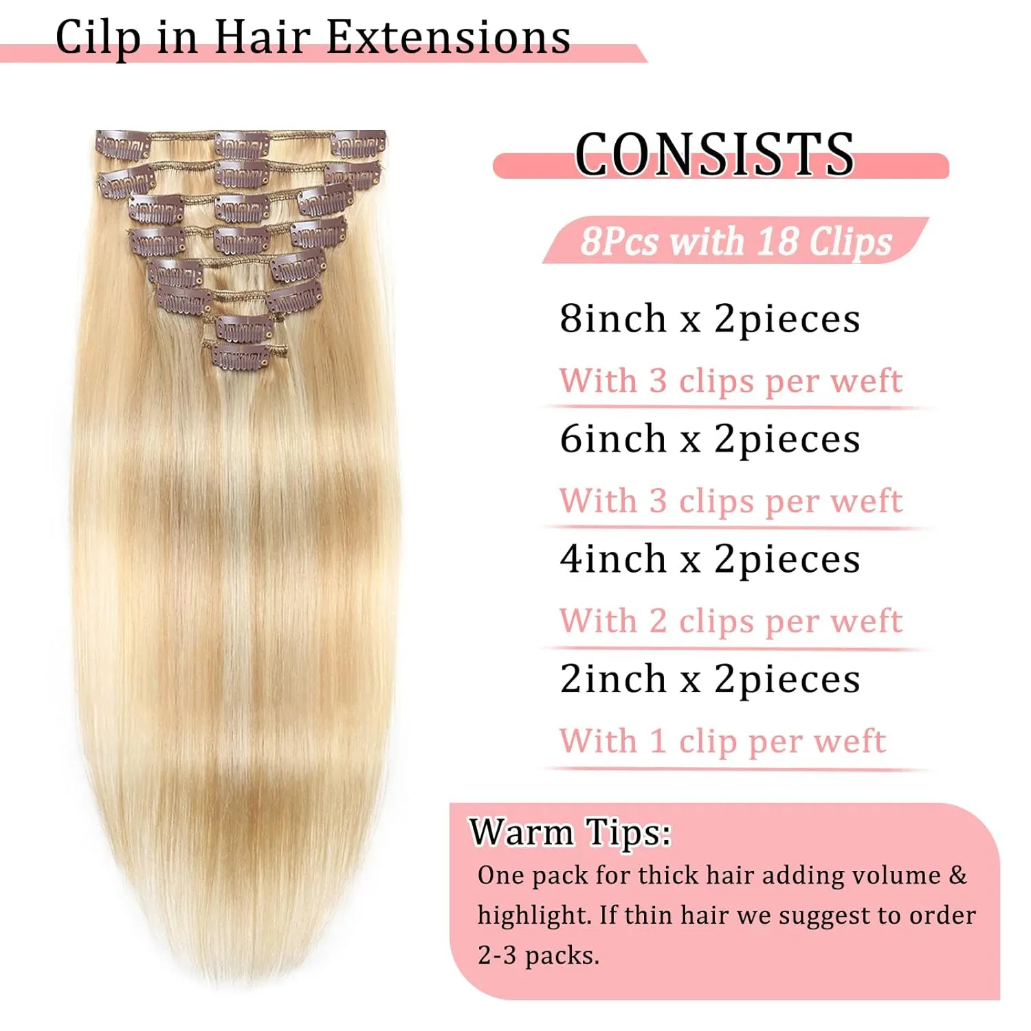 Clip in Hair Extensions Real Human Hair Clip in Extensions for Women Seamless Balayage Dark Blonde to Bleach Blonde Straight Remy 100% Human Clips ins Extension 8pcs Double Weft 16 inch 3.2oz/90g
