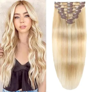 Clip in Hair Extensions Real Human Hair Clip in Extensions for Women Seamless Balayage Dark Blonde to Bleach Blonde Straight Remy 100% Human Clips ins Extension 8pcs Double Weft 16 inch 3.2oz/90g