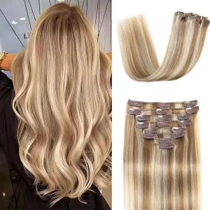 Clip in Hair Extensions Real Human Hair Clip in Extensions for Women Seamless Balayage Light Blonde to Golden Blonde Straight Remy 100% Human Clips ins Extension 8pcs Double Weft 18 inch 3.5oz/100g