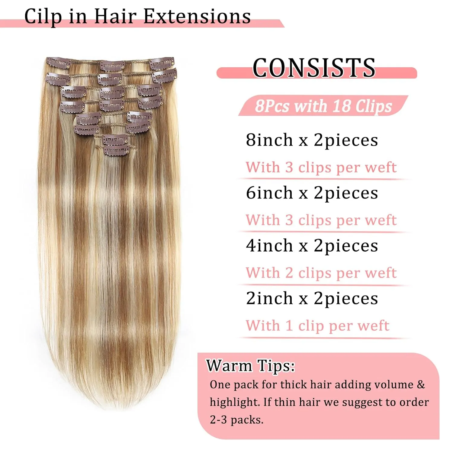 Clip in Hair Extensions Real Human Hair Clip in Extensions for Women Seamless Balayage Light Blonde to Golden Blonde Straight Remy 100% Human Clips ins Extension 8pcs Double Weft 18 inch 3.5oz/100g