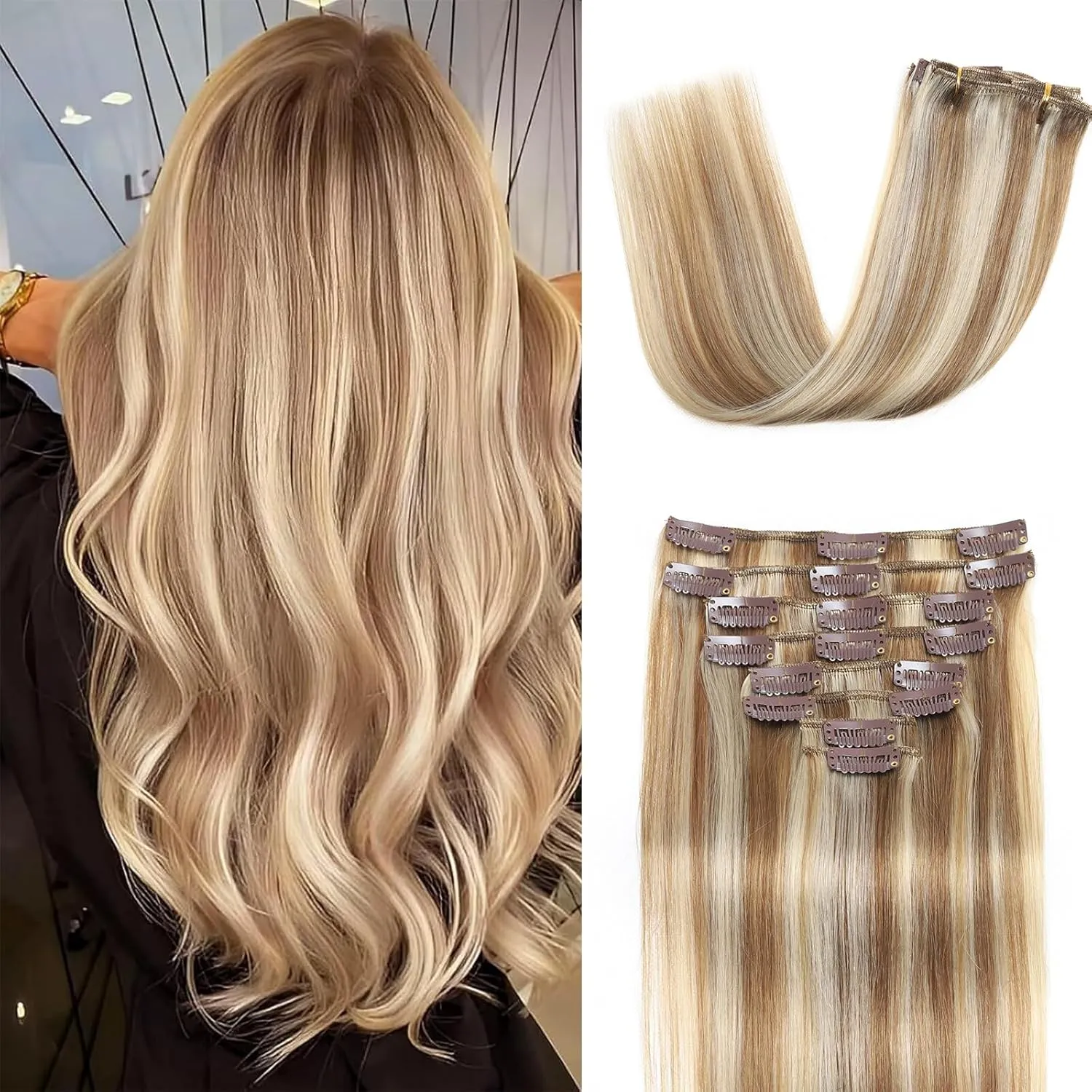 Clip in Hair Extensions Real Human Hair Clip in Extensions for Women Seamless Balayage Light Blonde to Golden Blonde Straight Remy 100% Human Clips ins Extension 8pcs Double Weft 18 inch 3.5oz/100g