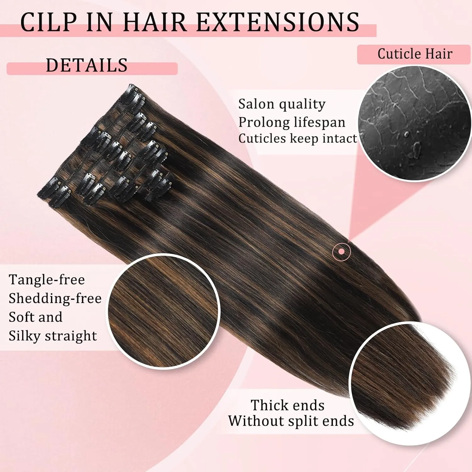 Clip in Hair Extensions Real Human Hair Clip in Extensions for Women Seamless Balayage Natural Black to Chestnut Brown Straight Remy 100% Human Clips ins Extension 8pcs Double Weft 18 inch 3.5oz/100g