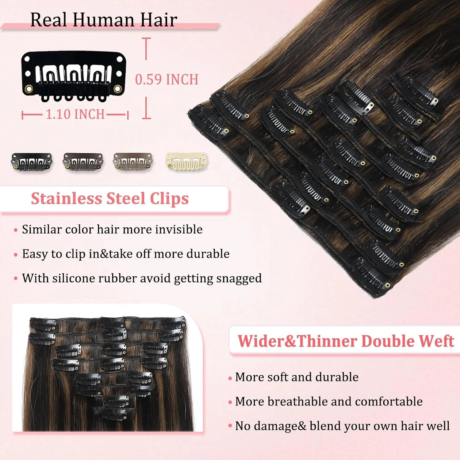 Clip in Hair Extensions Real Human Hair Clip in Extensions for Women Seamless Balayage Natural Black to Chestnut Brown Straight Remy 100% Human Clips ins Extension 8pcs Double Weft 18 inch 3.5oz/100g