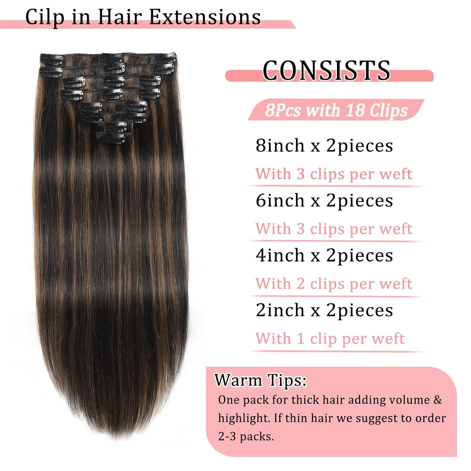 Clip in Hair Extensions Real Human Hair Clip in Extensions for Women Seamless Balayage Natural Black to Chestnut Brown Straight Remy 100% Human Clips ins Extension 8pcs Double Weft 18 inch 3.5oz/100g