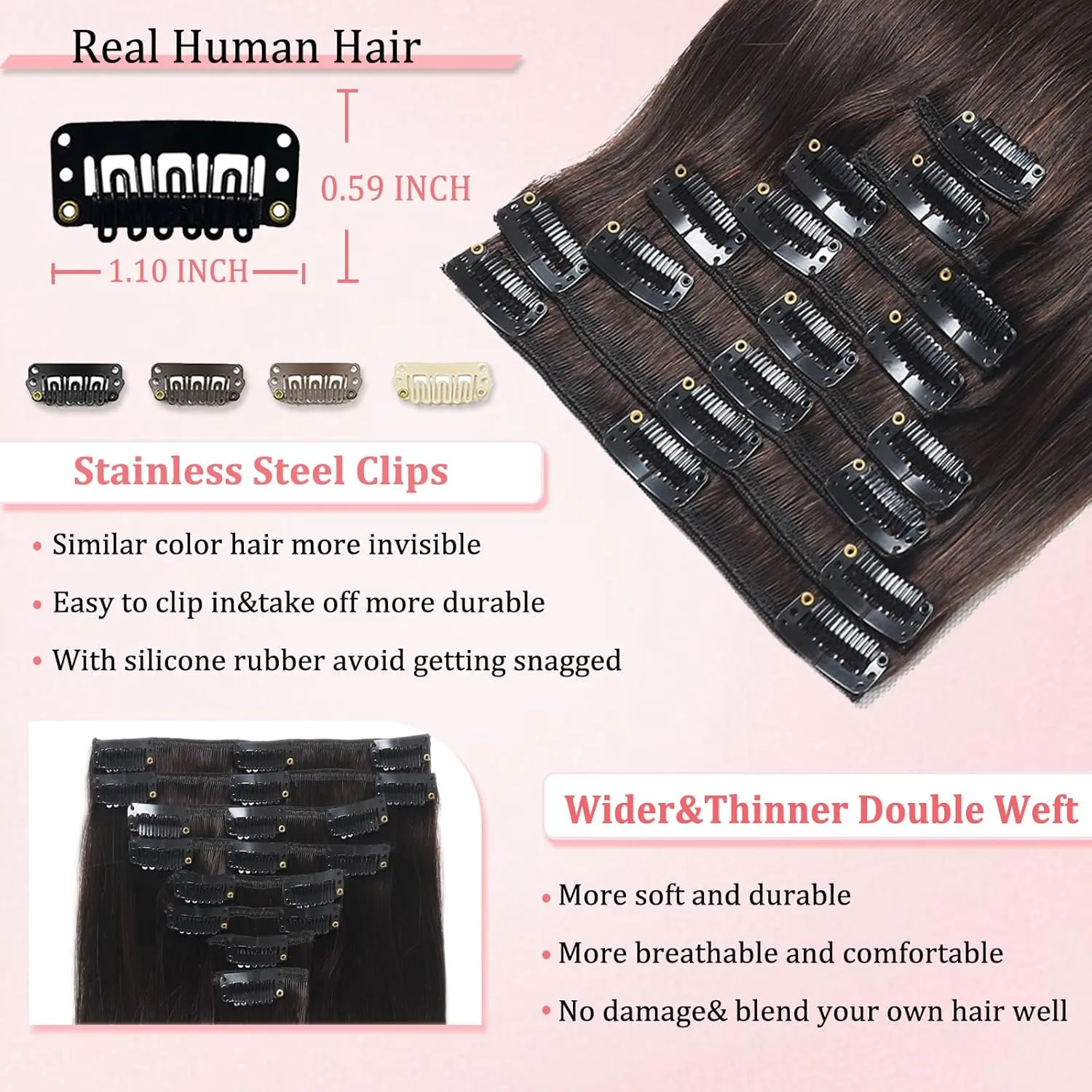 Clip in Hair Extensions Real Human Hair Clip in Extensions for Women Seamless Invisible Dark Brown Natural Remy 100% Human Clips ins Extension 8pcs Double Weft 18 inch 3.5oz/100g