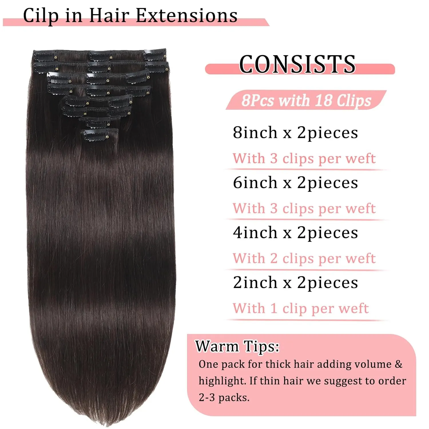 Clip in Hair Extensions Real Human Hair Clip in Extensions for Women Seamless Invisible Dark Brown Natural Remy 100% Human Clips ins Extension 8pcs Double Weft 18 inch 3.5oz/100g