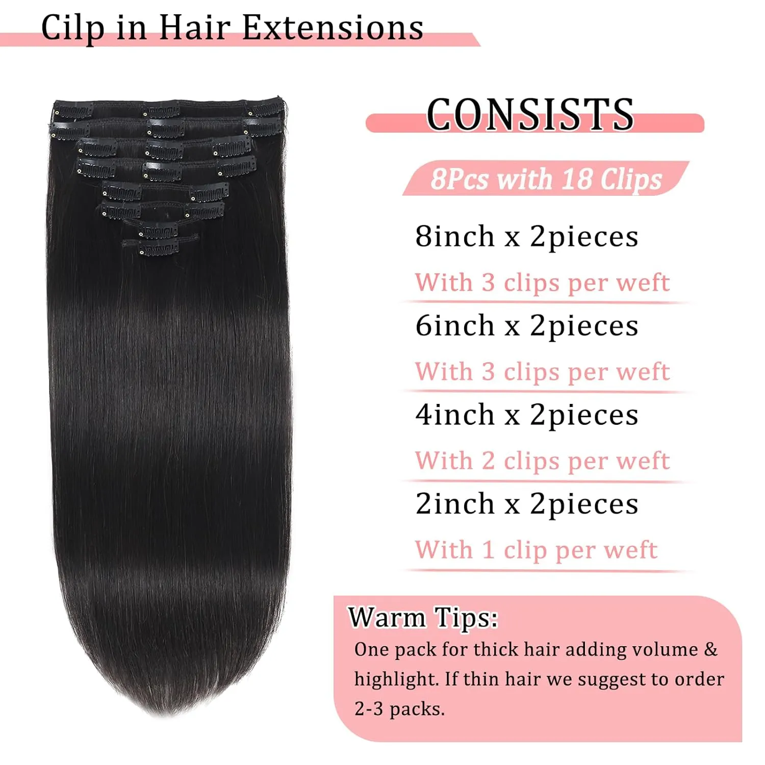 Clip in Hair Extensions Real Human Hair Clip in Extensions for Women Seamless Invisible Natural Black Straight Remy 100% Human Clips ins Extension 8pcs Double Weft 18 inch 3.5oz/100g