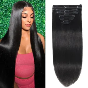 Clip in Hair Extensions Real Human Hair Clip in Extensions for Women Seamless Invisible Natural Black Straight Remy 100% Human Clips ins Extension 8pcs Double Weft 18 inch 3.5oz/100g