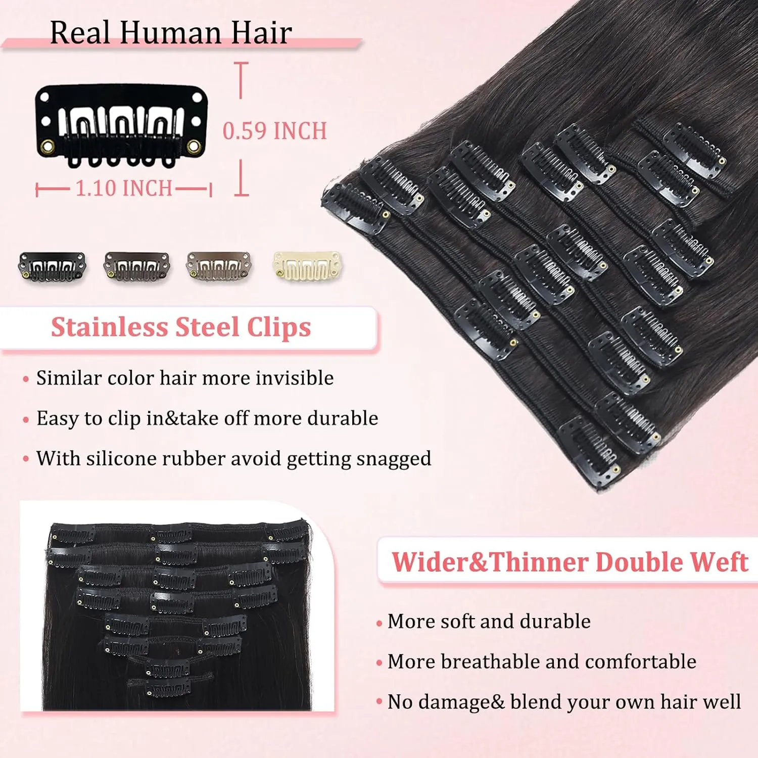 Clip in Hair Extensions Real Human Hair Clip in Extensions for Women Seamless Invisible Natural Black Straight Remy 100% Human Clips ins Extension 8pcs Double Weft 18 inch 3.5oz/100g