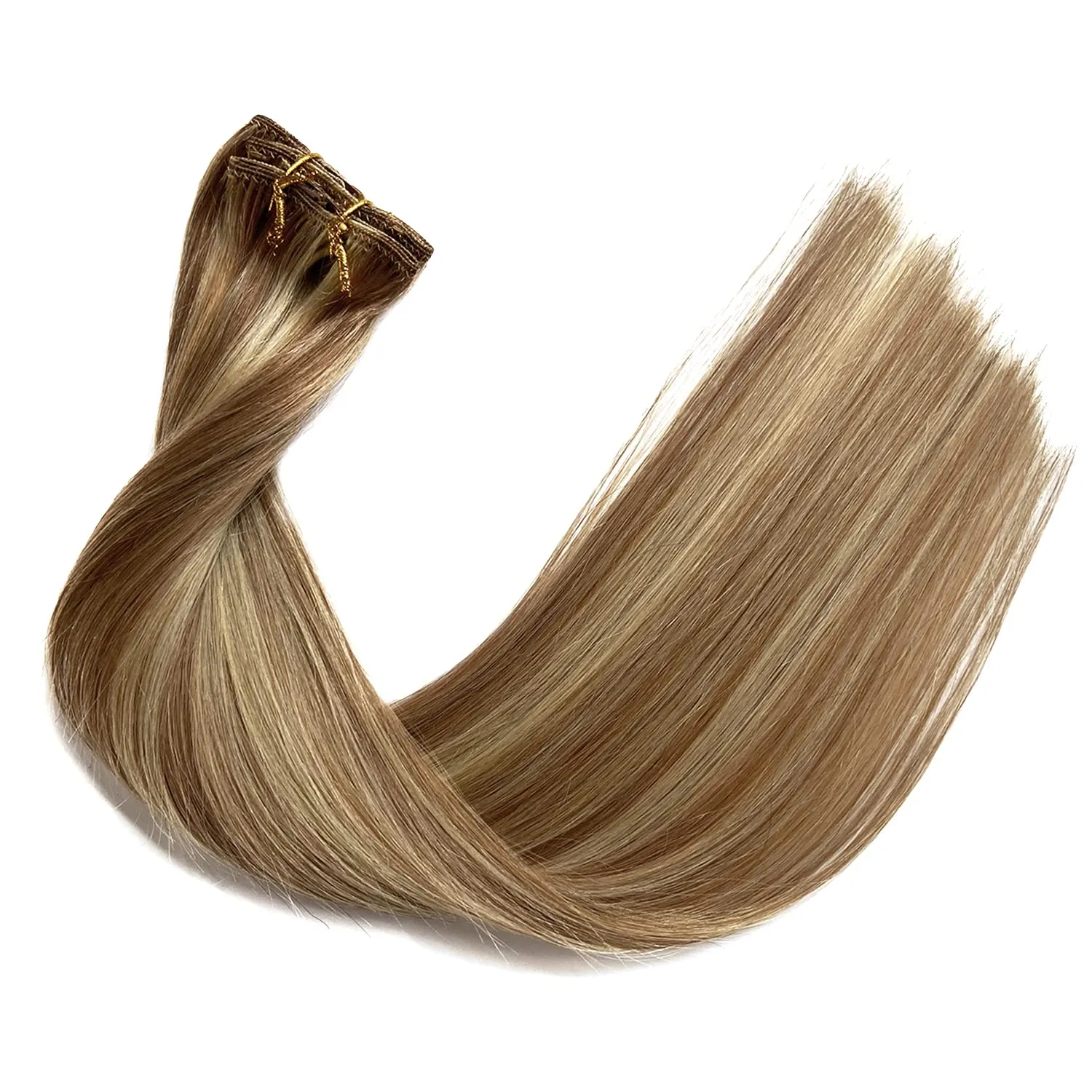 Clip in Hair Extensions Real Human Hair Clip in Extensions,18 inch Brown and Blonde Highlights Remy Real Hair Extensions Clip in Human Hair 7 Pieces 70g Straight Double Weft Hair Extensions Human Hair