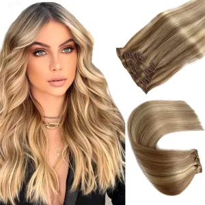 Clip in Hair Extensions Real Human Hair Clip in Extensions,18 inch Brown and Blonde Highlights Remy Real Hair Extensions Clip in Human Hair 7 Pieces 70g Straight Double Weft Hair Extensions Human Hair