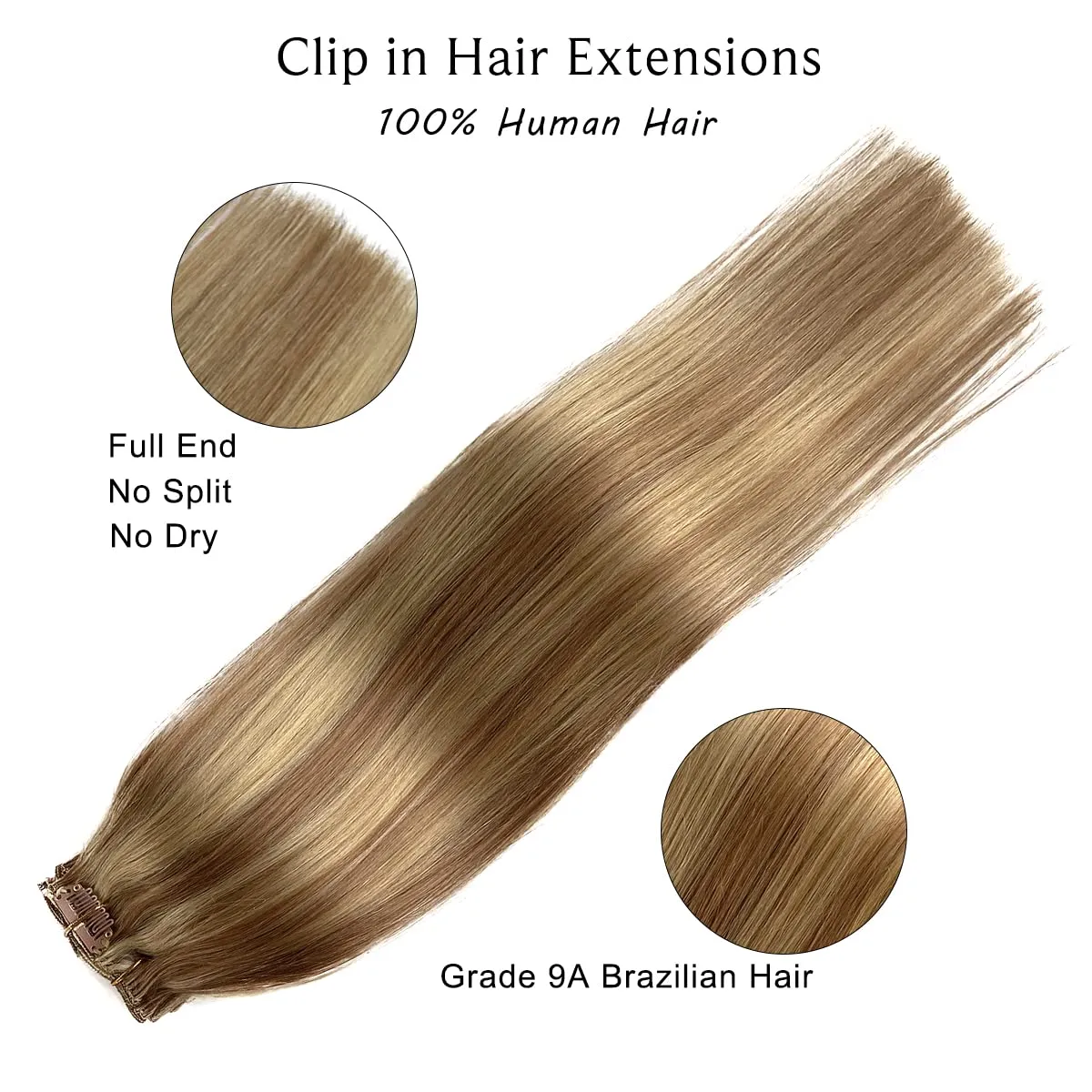 Clip in Hair Extensions Real Human Hair, Golden Brown to Blonde Highlights Hair Extensions Clip ins,7 Pieces 70G Real Hair Extensions Clip in Human Hair Double Wefts 12 Inch
