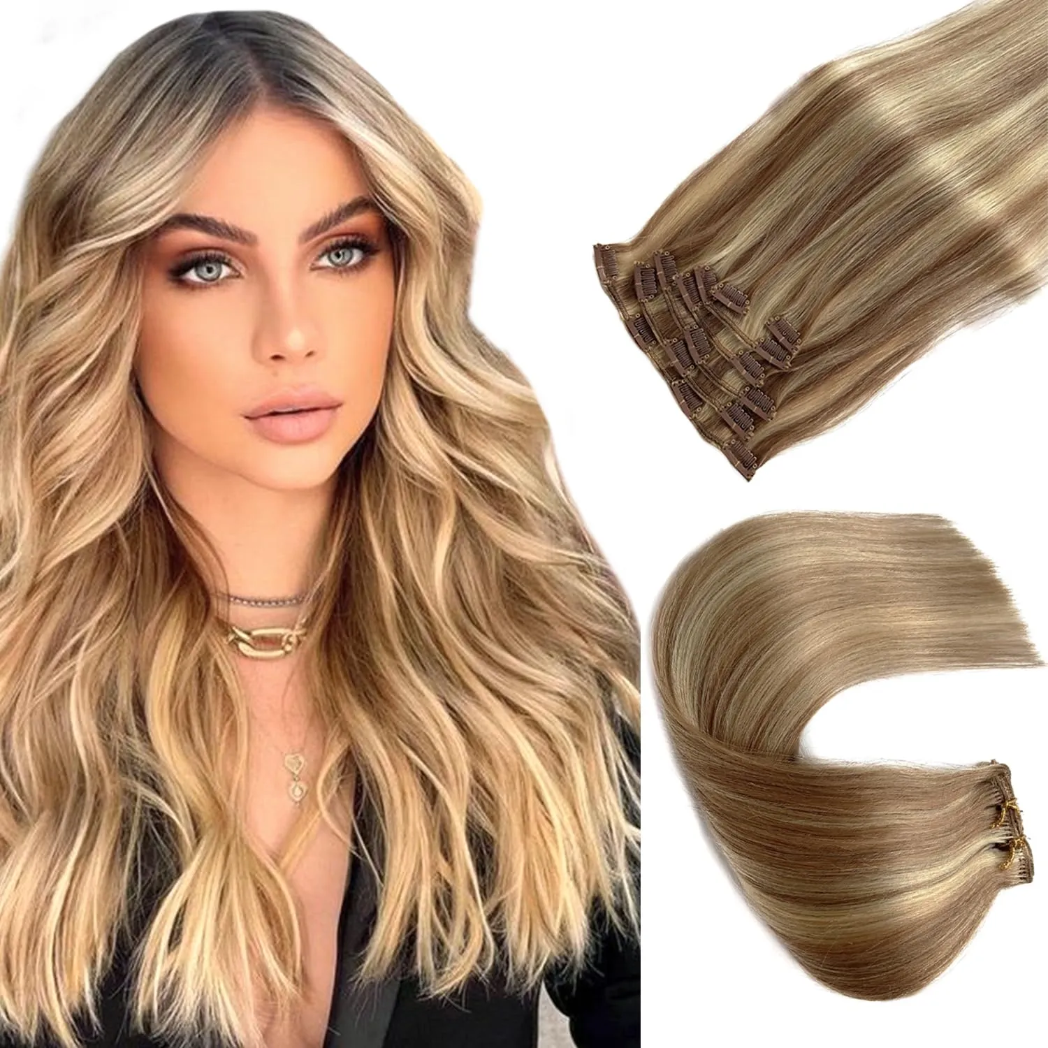 Clip in Hair Extensions Real Human Hair, Golden Brown to Blonde Highlights Hair Extensions Clip ins,7 Pieces 70G Real Hair Extensions Clip in Human Hair Double Wefts 12 Inch