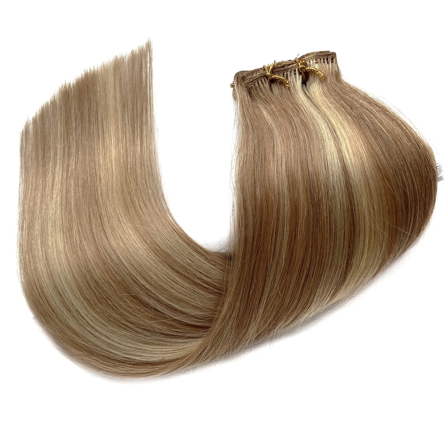 Clip in Hair Extensions Real Human Hair, Golden Brown to Blonde Highlights Hair Extensions Clip ins,7 Pieces 70G Real Hair Extensions Clip in Human Hair Double Wefts 12 Inch