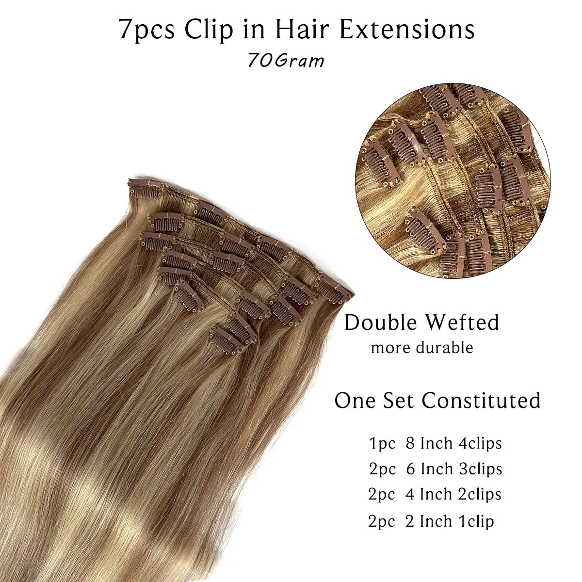 Clip in Hair Extensions Real Human Hair, Golden Brown to Blonde Highlights Hair Extensions Clip ins,7 Pieces 70G Real Hair Extensions Clip in Human Hair Double Wefts 12 Inch