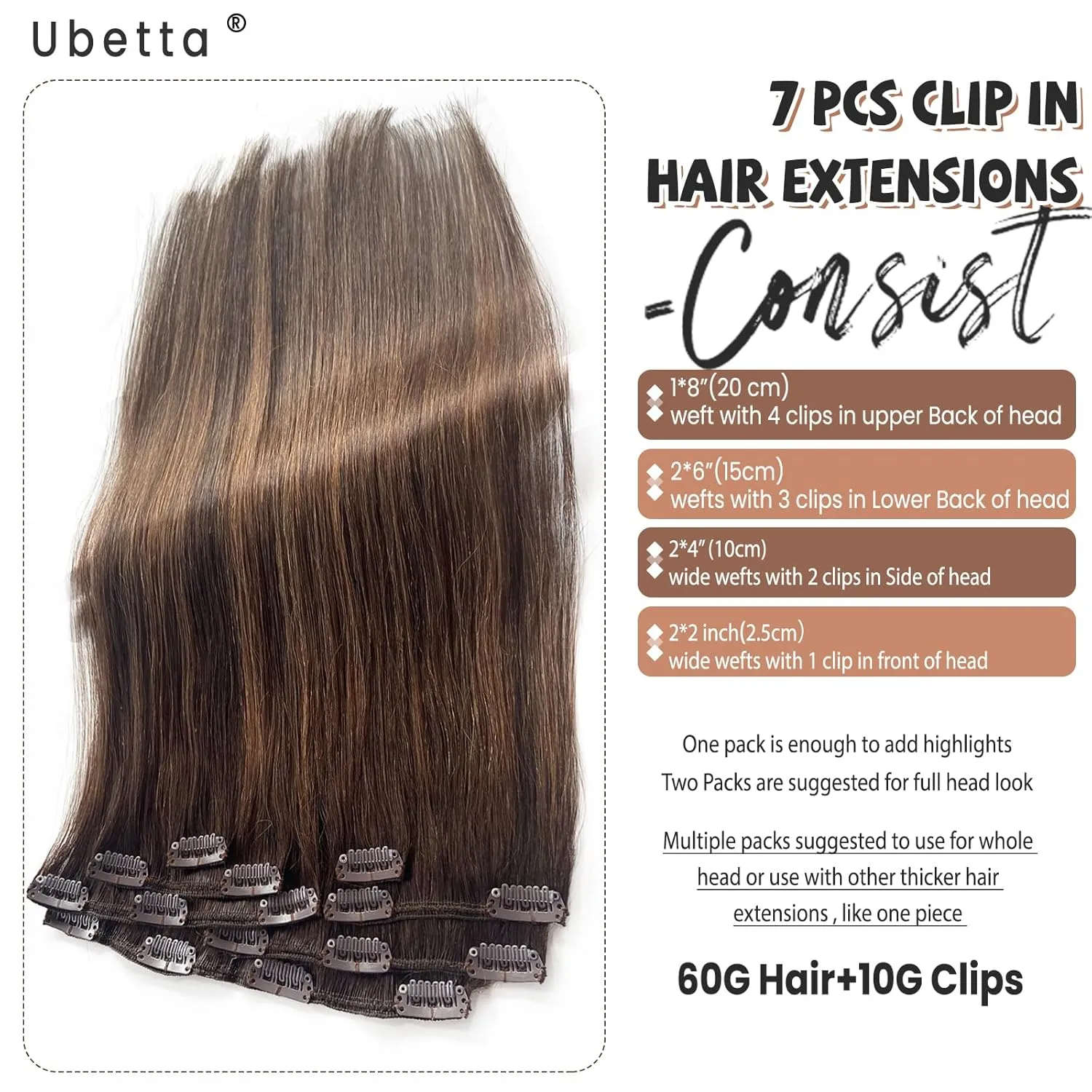 Clip in Hair Extensions Real Human Hair, Ombre Brown Balayage Ash Brown Highlights Hair Extension Real Human Hair Clip ins 14 Inch Double Weft Hair Extensions Human Hair Clip in Extensions 7pcs 70G