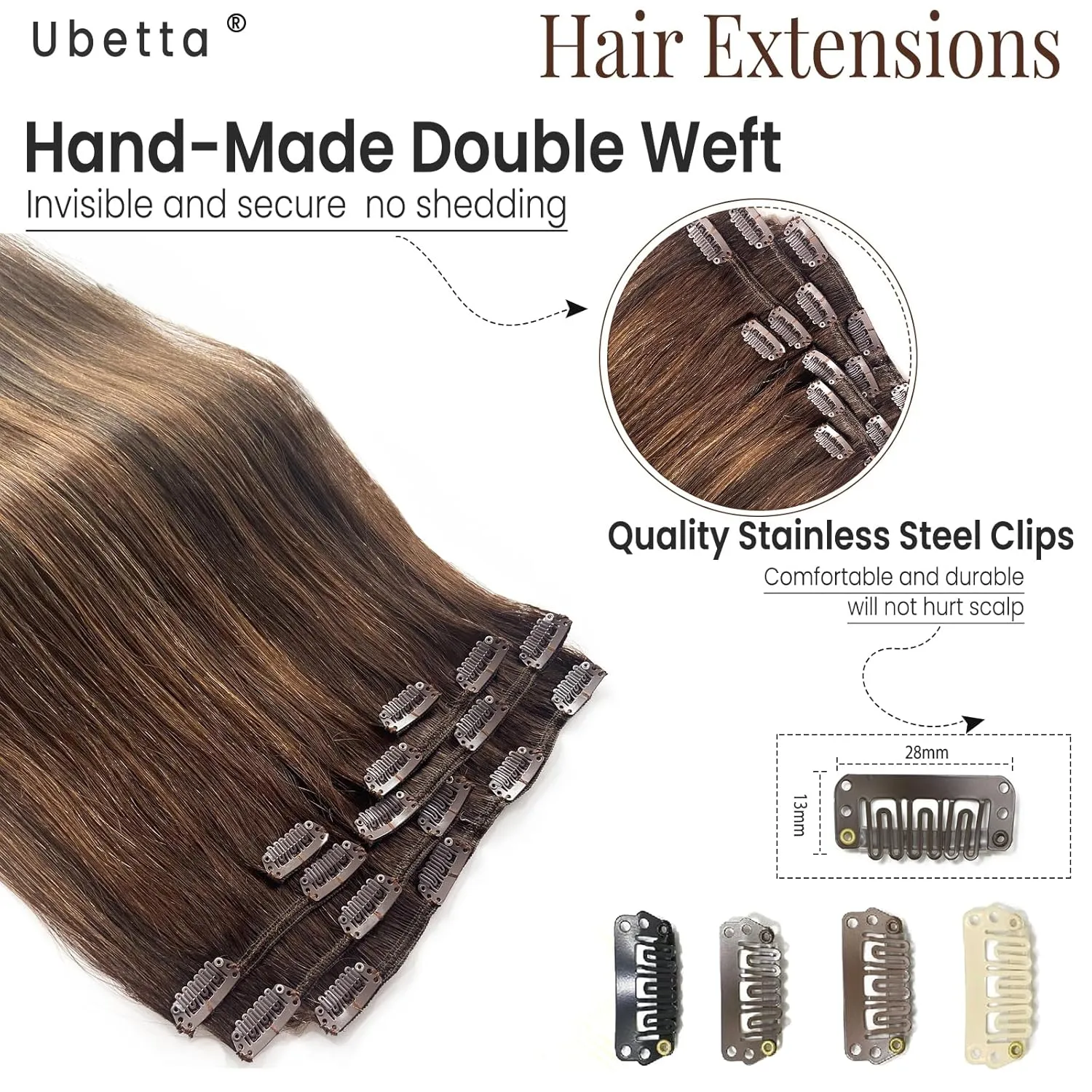 Clip in Hair Extensions Real Human Hair, Ombre Brown Balayage Ash Brown Highlights Hair Extension Real Human Hair Clip ins 14 Inch Double Weft Hair Extensions Human Hair Clip in Extensions 7pcs 70G