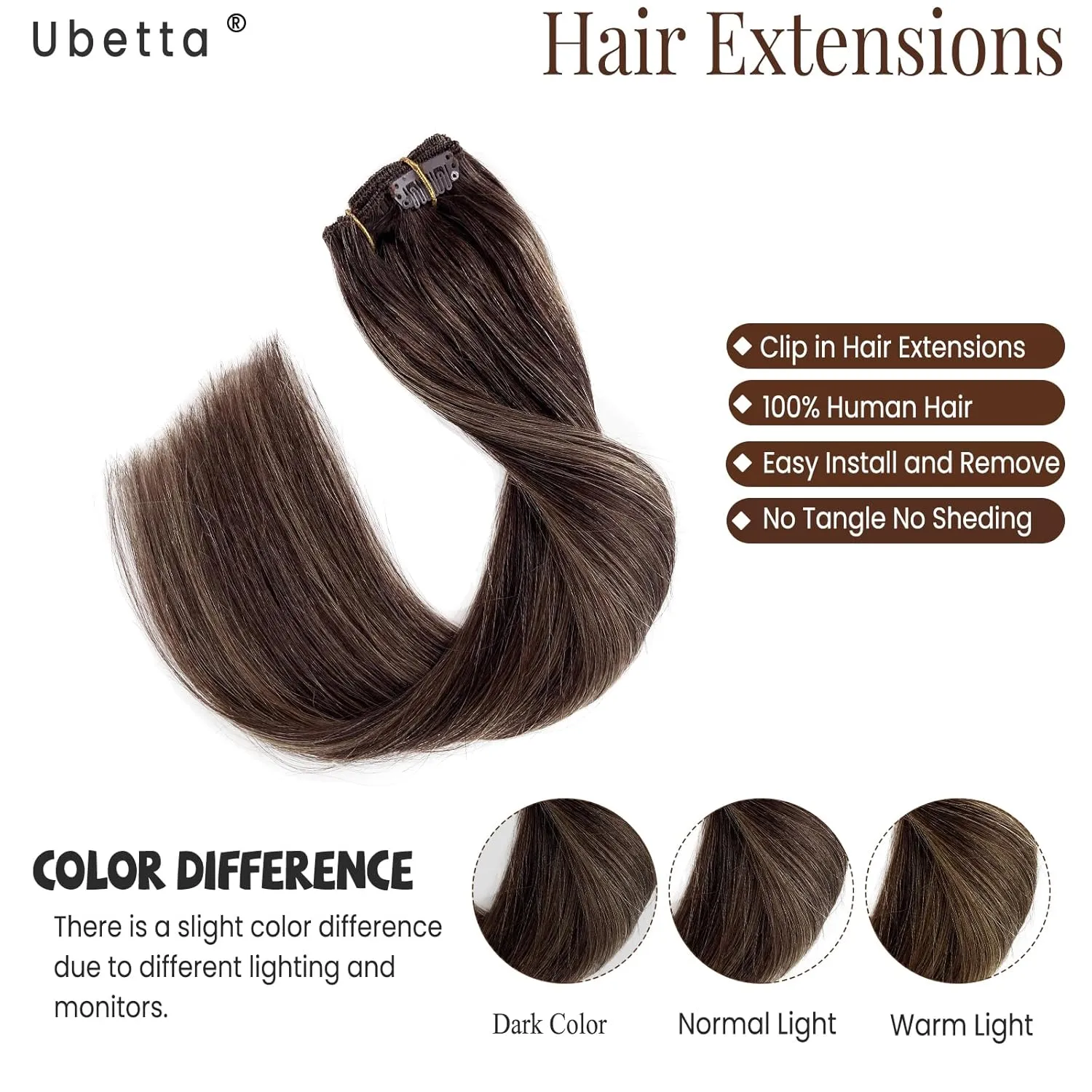 Clip in Hair Extensions Real Human Hair, Ombre Brown Balayage Ash Brown Highlights Hair Extension Real Human Hair Clip ins 14 Inch Double Weft Hair Extensions Human Hair Clip in Extensions 7pcs 70G
