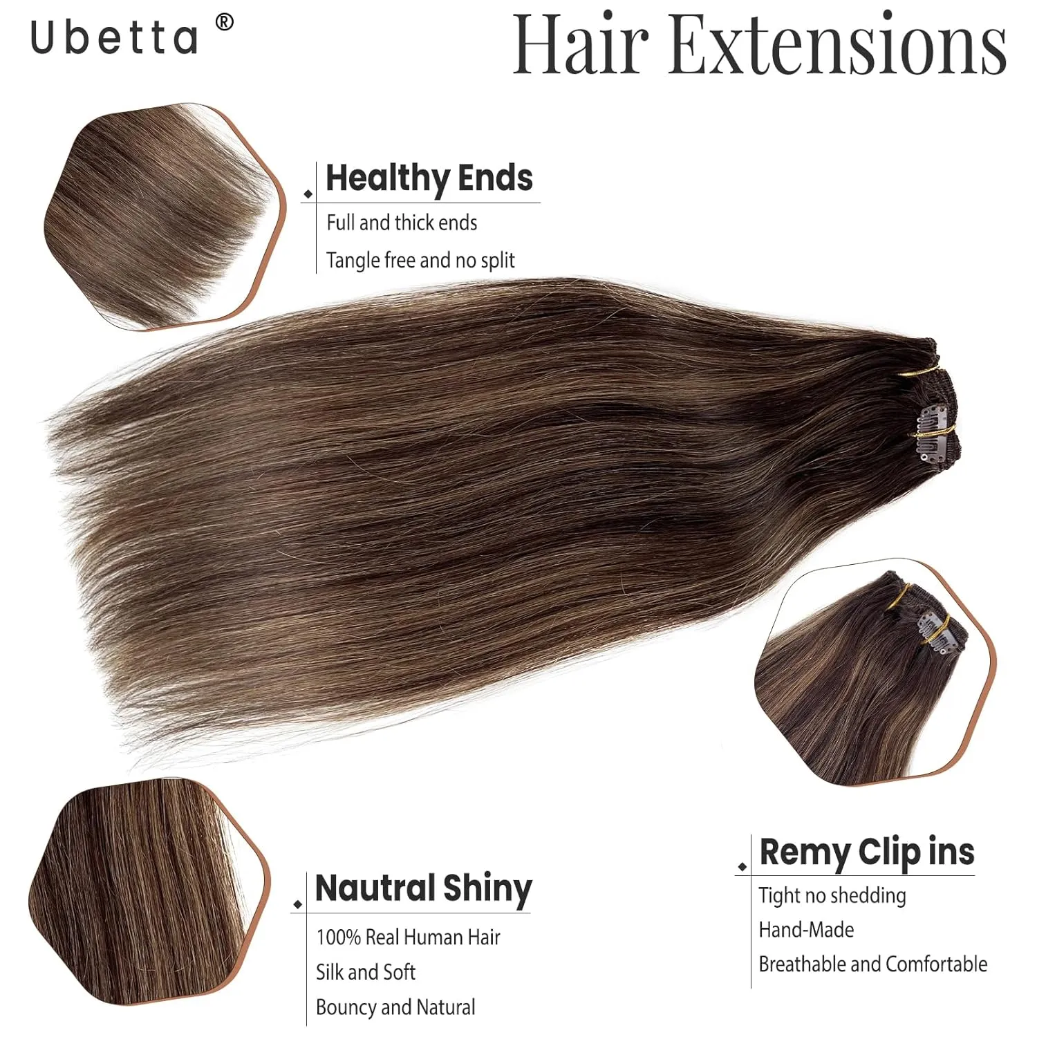 Clip in Hair Extensions Real Human Hair, Ombre Brown Balayage Ash Brown Highlights Hair Extension Real Human Hair Clip ins 14 Inch Double Weft Hair Extensions Human Hair Clip in Extensions 7pcs 70G