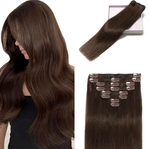 Clip in Hair Extensions Real Human Hair, Remy Human Hair Extensions Clip ins for Women, 100% Natural Human Hair, Double Weftm, 20inch 105g 8Pcs, #4 Chocolate Brown