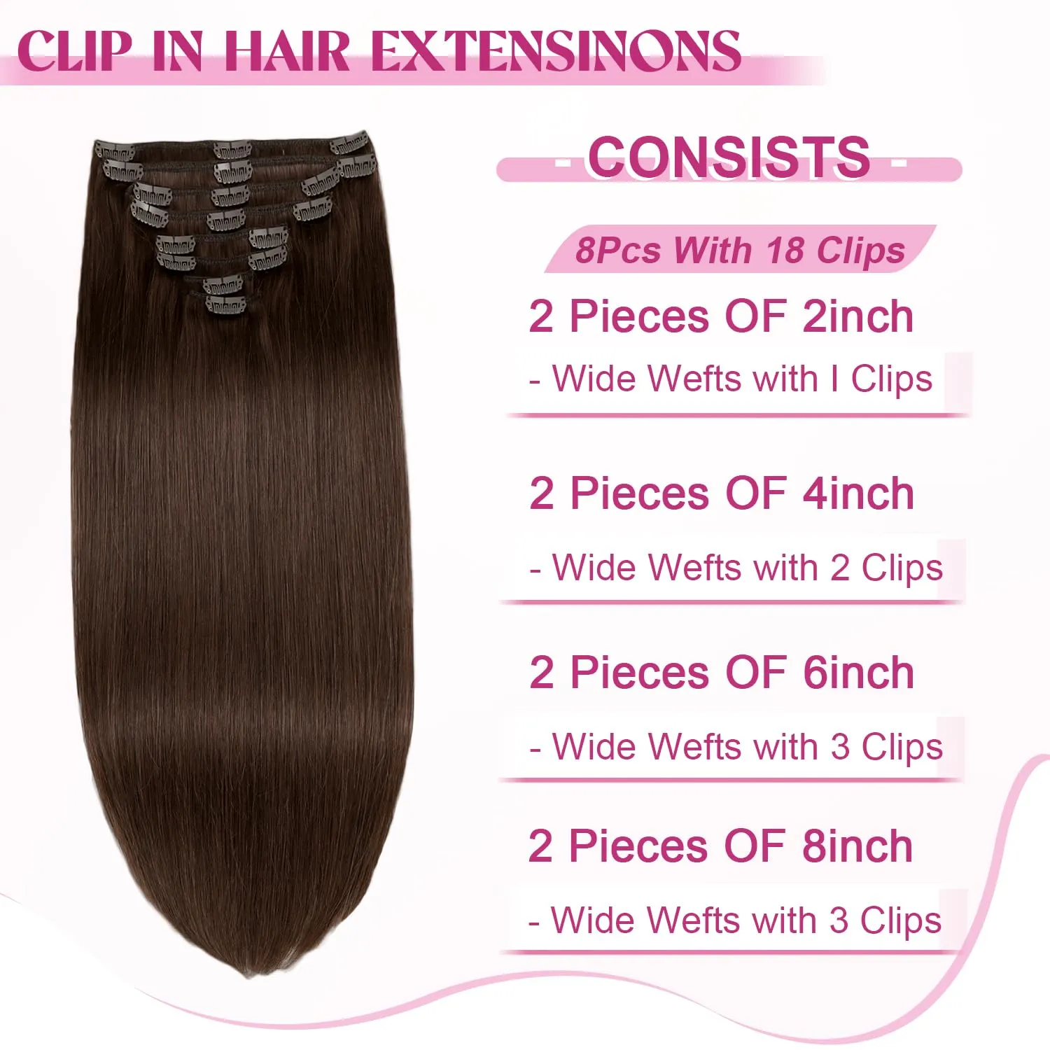 Clip in Hair Extensions Real Human Hair, Remy Human Hair Extensions Clip ins for Women, 100% Natural Human Hair, Double Weftm, 20inch 105g 8Pcs, #4 Chocolate Brown