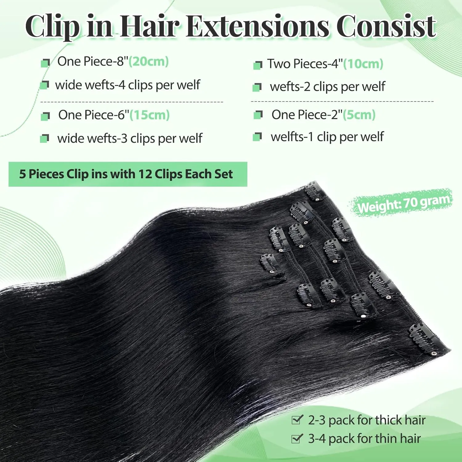 Clip in Hair Extensions Real Human Hair,14 Inch Black Seamless Clip ins Human Hair Extensions Silky Straight Double Weft Natural for women 70g 5pcs