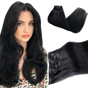 Clip in Hair Extensions Real Human Hair,14 Inch Black Seamless Clip ins Human Hair Extensions Silky Straight Double Weft Natural for women 70g 5pcs