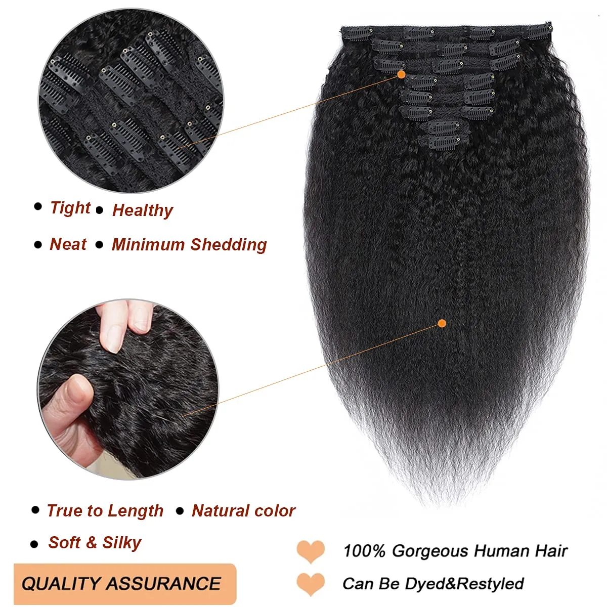 Clip in Hair Extensions Straight 100% Unprocessed Human Human Hair Full Head Yaki Thick End 8 Pieces/Lot 125g with 18 Clips (14", Straight)