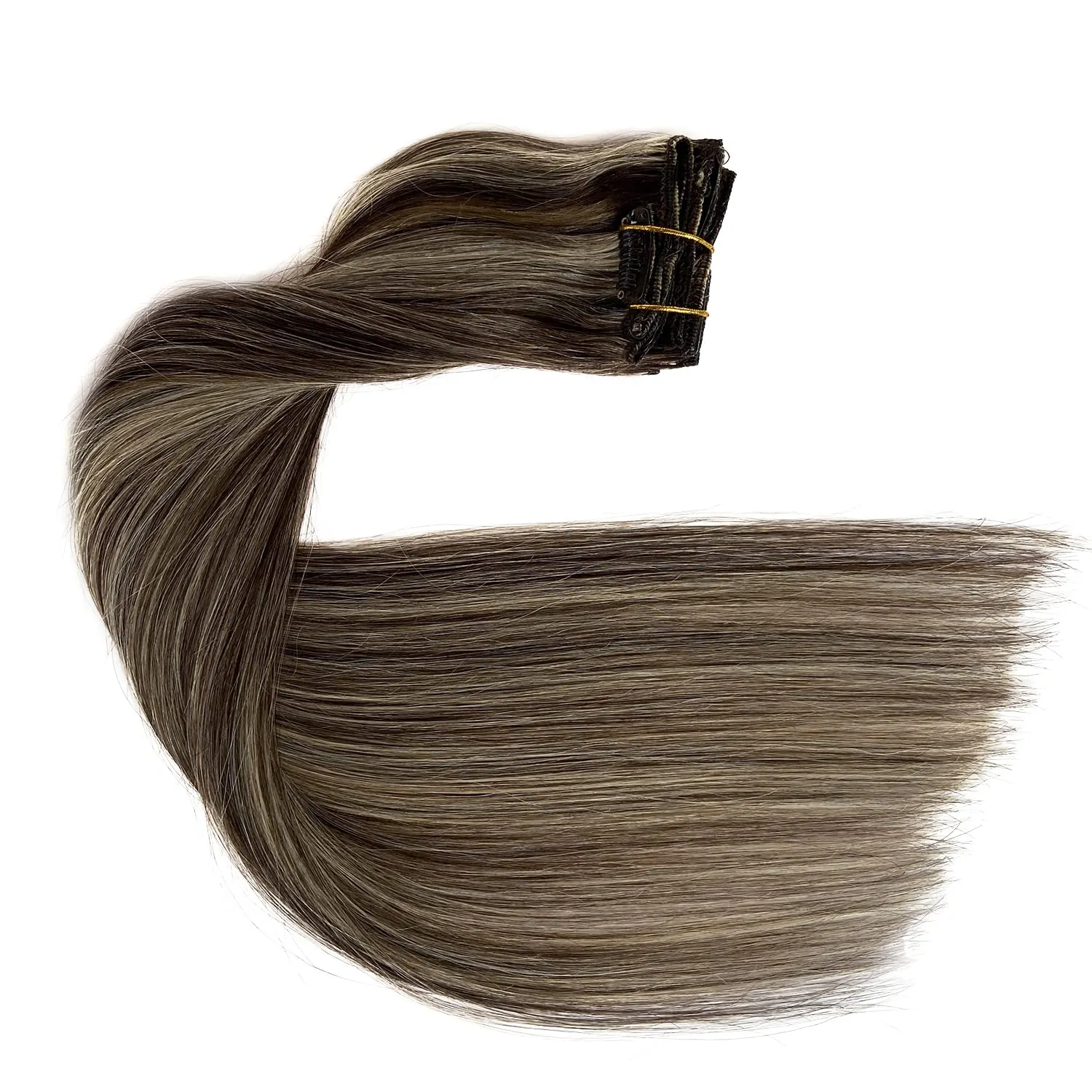 Clip in Hair Extensions,Dark Brown Balayage Blonde Hair Extensions Real Human Hair Clip ins 12 Inch Double Weft Hair Extensions Real Human Hair Clip in Extensions 70G 7 Pieces Clip on for Women