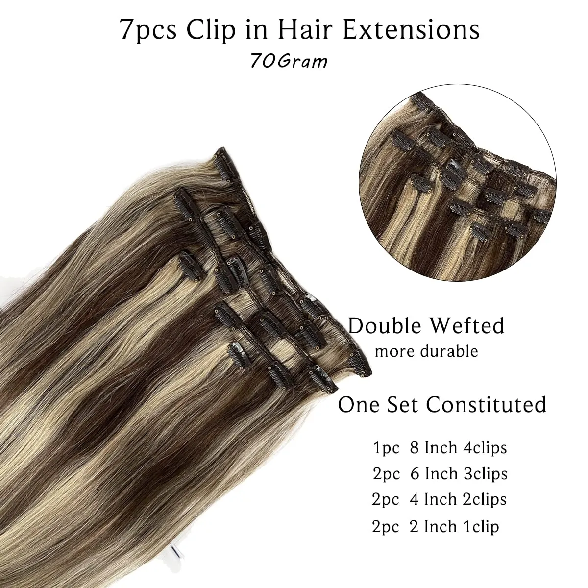 Clip in Hair Extensions,Dark Brown Balayage Blonde Hair Extensions Real Human Hair Clip ins 12 Inch Double Weft Hair Extensions Real Human Hair Clip in Extensions 70G 7 Pieces Clip on for Women