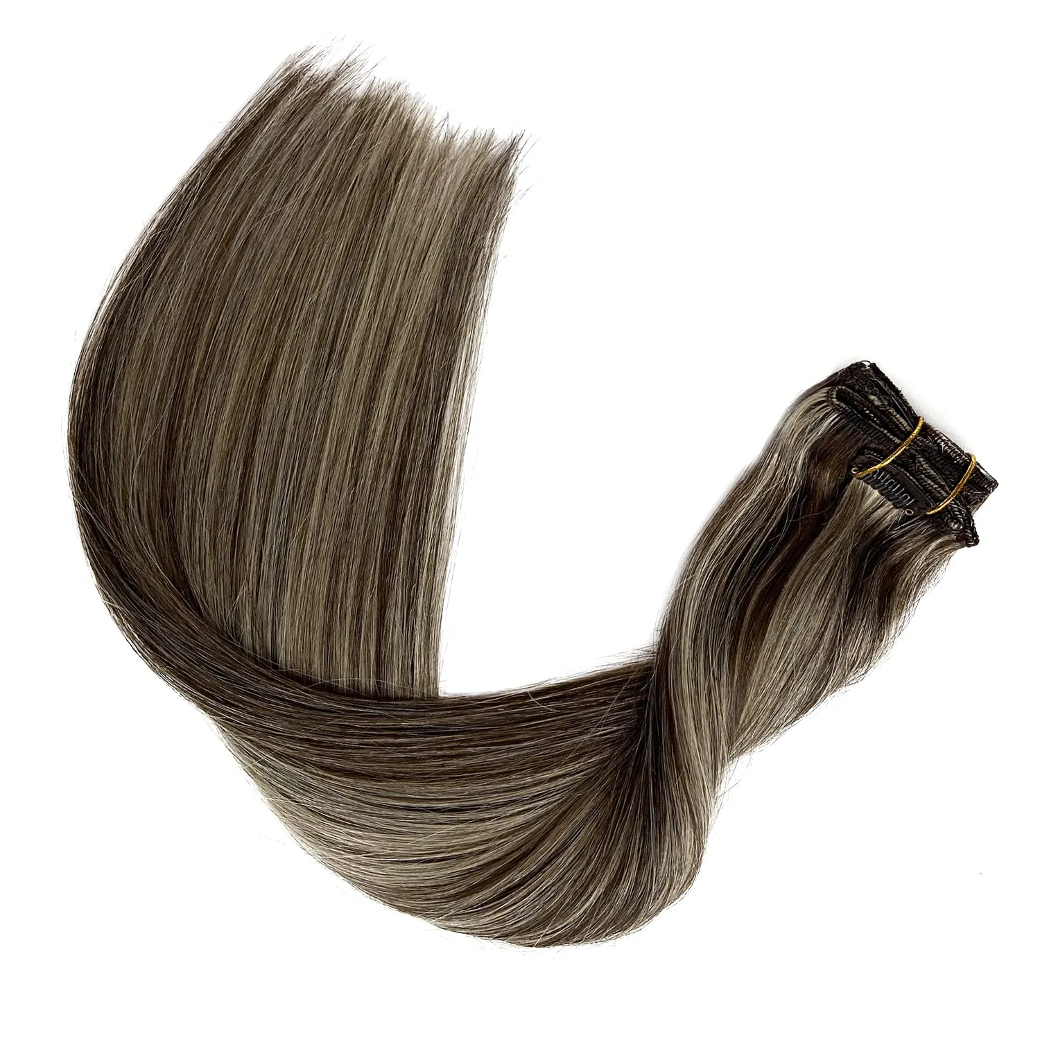Clip in Hair Extensions,Dark Brown Balayage Blonde Hair Extensions Real Human Hair Clip ins 12 Inch Double Weft Hair Extensions Real Human Hair Clip in Extensions 70G 7 Pieces Clip on for Women