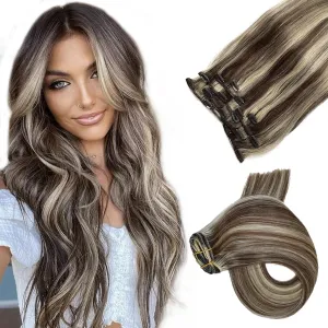 Clip in Hair Extensions,Dark Brown Balayage Blonde Hair Extensions Real Human Hair Clip ins 12 Inch Double Weft Hair Extensions Real Human Hair Clip in Extensions 70G 7 Pieces Clip on for Women