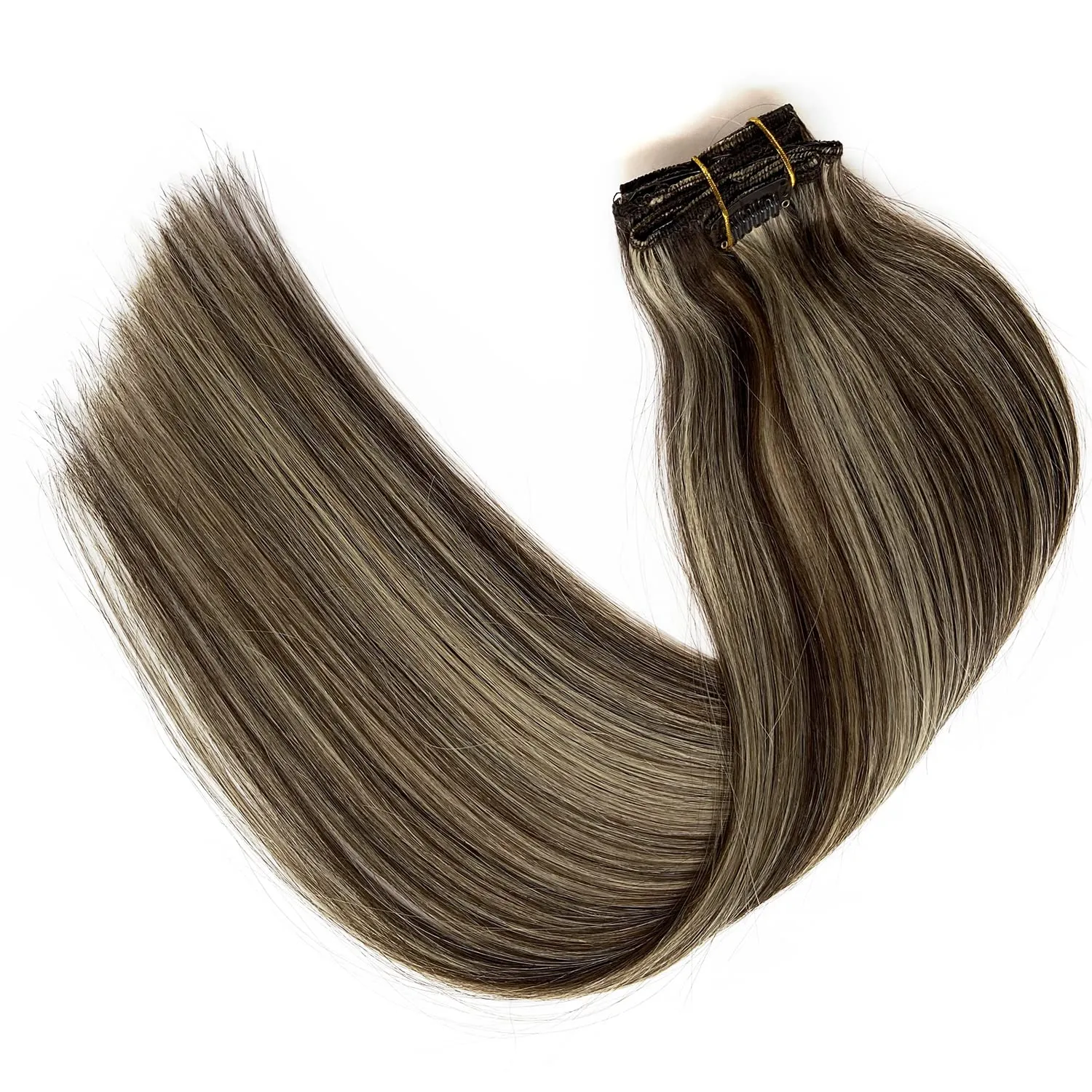 Clip in Hair Extensions,Dark Brown Balayage Blonde Hair Extensions Real Human Hair Clip ins 12 Inch Double Weft Hair Extensions Real Human Hair Clip in Extensions 70G 7 Pieces Clip on for Women