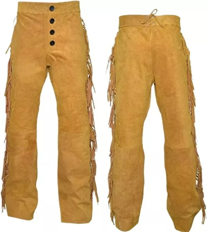 Cognac Brown Suede Leather Fringe Pants For Men Western Pant MFP1131