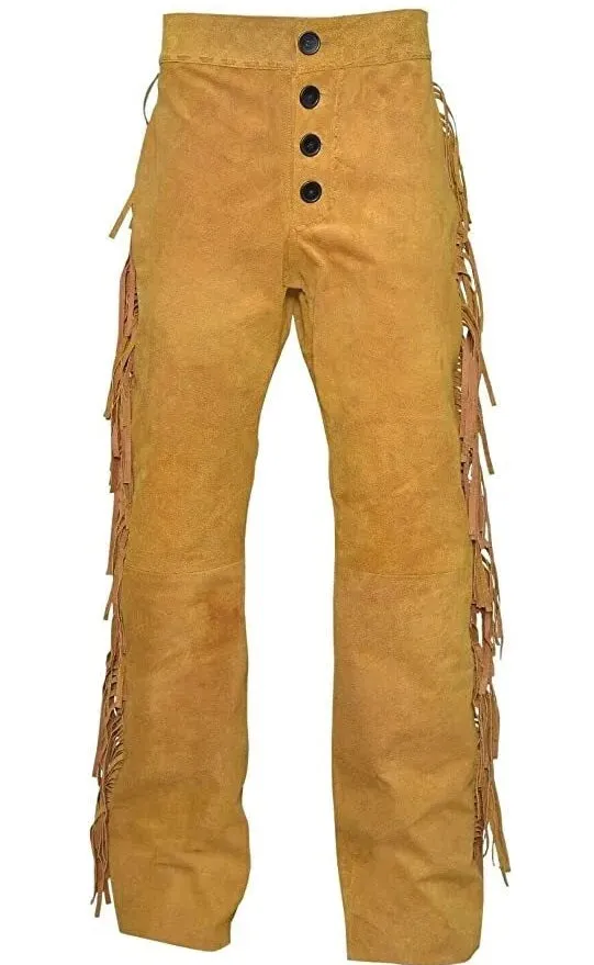 Cognac Brown Suede Leather Fringe Pants For Men Western Pant MFP1131