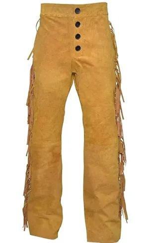 Cognac Brown Suede Leather Fringe Pants For Men Western Pant MFP1131