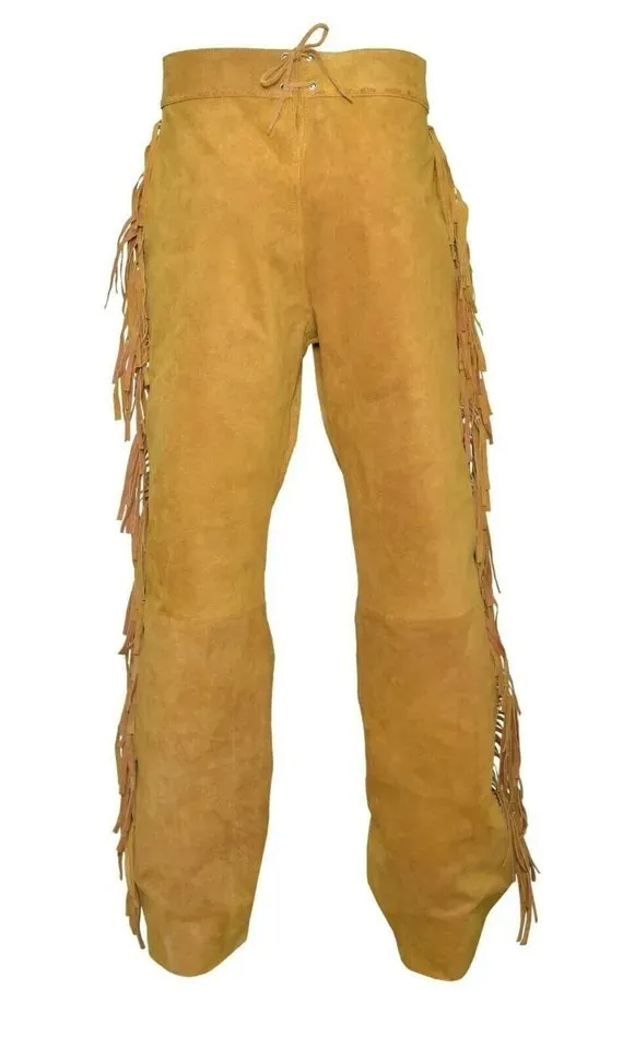 Cognac Brown Suede Leather Fringe Pants For Men Western Pant MFP1131
