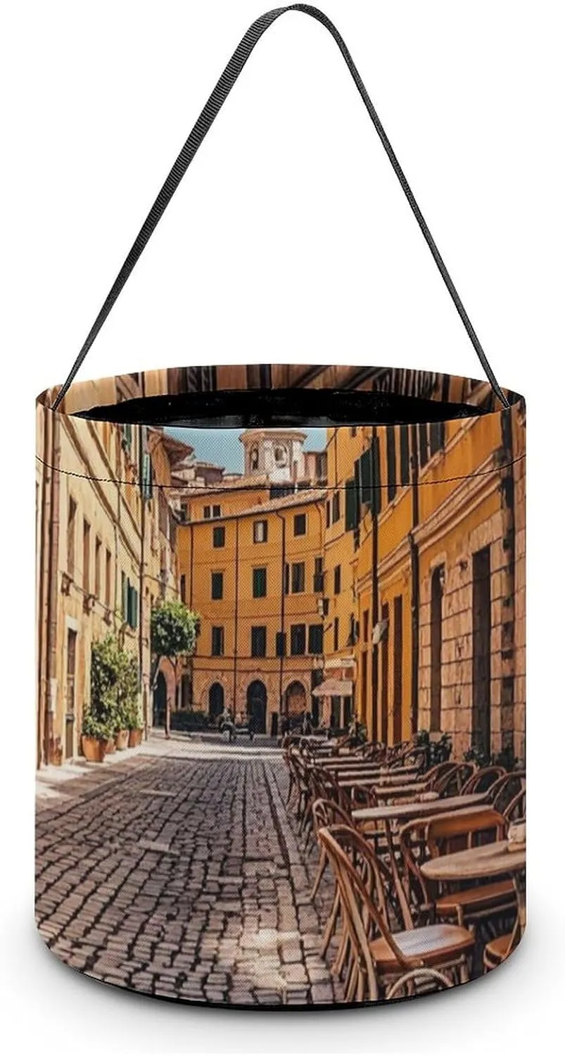 Collapsible Halloween Tote Candy Bag Old Courtyard Cafe Chair City, Rome, Italy Printed Candy Bucket Reusable Candy Basket with Handles for Halloween Party Christmas Party Storage