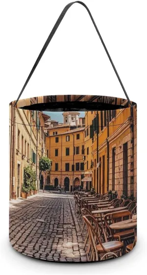 Collapsible Halloween Tote Candy Bag Old Courtyard Cafe Chair City, Rome, Italy Printed Candy Bucket Reusable Candy Basket with Handles for Halloween Party Christmas Party Storage