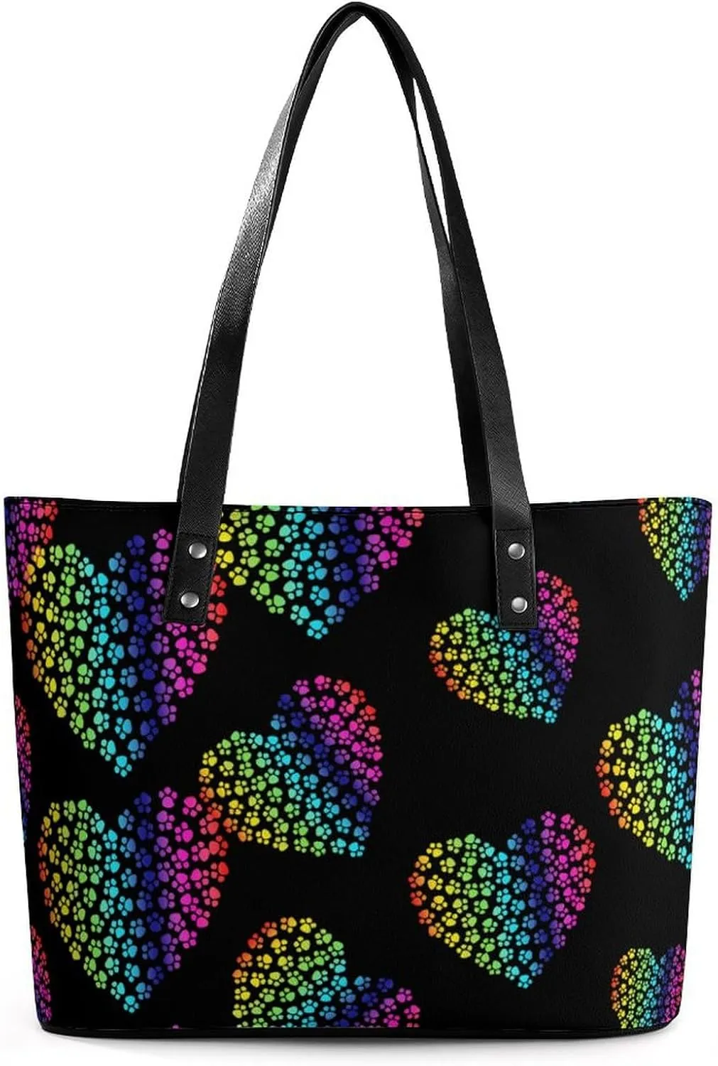 Coloful Paw Print Heart Women's Tote Shoulder Bag Handbag Top Handle Leather 29 * 34 * 14cm