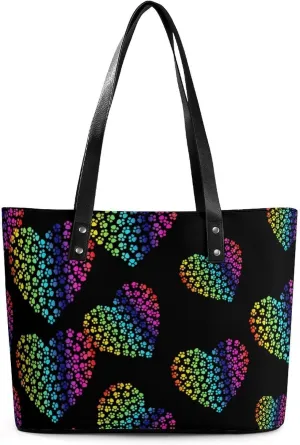 Coloful Paw Print Heart Women's Tote Shoulder Bag Handbag Top Handle Leather 29 * 34 * 14cm