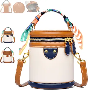 Colorblock Bucket Bag for Women - Design Cylinder Bag, Trendy PU Leather Crossbody Purse with Adjustable Strap