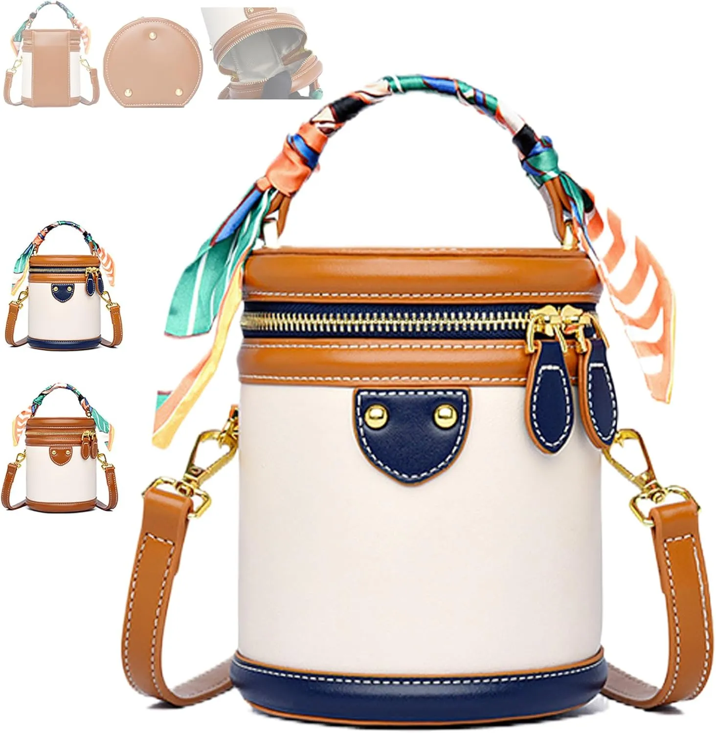Colorblock Bucket Bag for Women - Design Cylinder Bag, Trendy PU Leather Crossbody Purse with Adjustable Strap