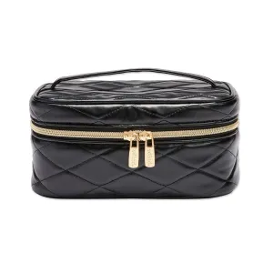 Conair Travel Makeup Bag, Large Toiletry and Cosmetic Bag, Perfect Size for Use At Home or Travel, Train Case Shape in Solid Black with Diamond-Quilt Pattern