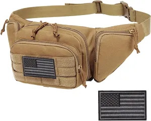 Concealed Pistol Fanny Pack ，Tactical Waist Bag Carry Gun Holster Fits Handgun, 1911 and More with U.S Patch (1 Pack Tan)