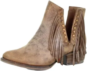 Corral Boots Women's Ld Brown Studs & Fringes Bootie Round Toe Boots Ankle, 7.5